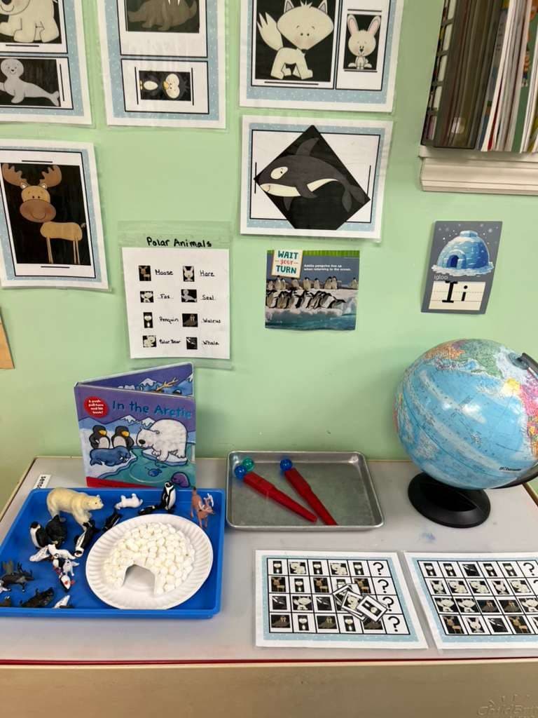 An Arctic themed learning table with a globe, polar animal figures, a picture book, and matching cards.